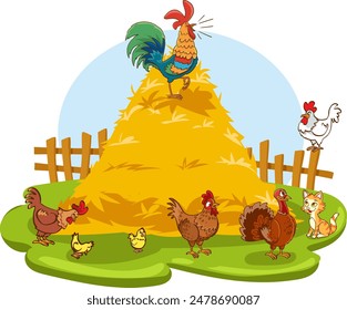 Chicken farm illustration with cock, hen, wooden perch, eggs, green bush and grass. Poultry organic farming background with chicken, rooster in cartoon flat style. Kids nature vector illustration