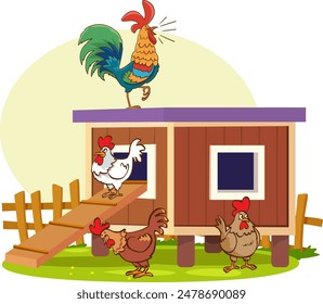 Ilustración de granja de pollo con gallo, gallina, percha de madera, huevos, arbusto verde y hierba. Fondo de agricultura orgánica de aves de corral con pollo, gallo en estilo plano de dibujos animados. Ilustración vectorial de naturaleza infantil