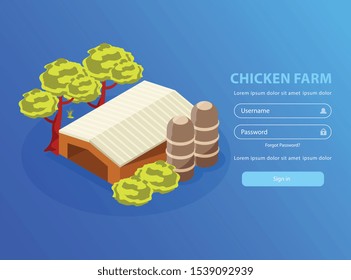 Chicken farm isometric background with image of barn building and empty fields for username and password vector illustration