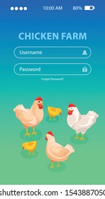 Chicken farm isometric background with vertical smartphone screen login forms and images of hens and chickens vector illustration
