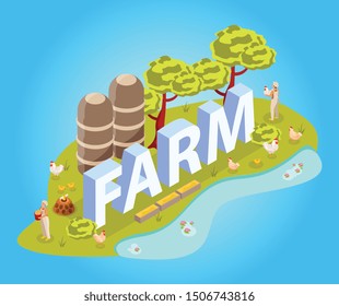 Chicken farm isometric composition with images of people animals on grass and farmstead with 3d text vector illustration