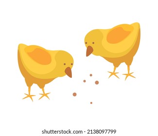 Chicken farm isometric composition with isolated image of two chicks picking seed on blank background vector illustration