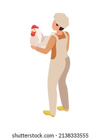 Chicken farm isometric composition with isolated character of factory worker carrying hen in arms vector illustration