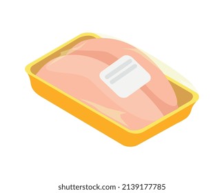Chicken farm isometric composition with isolated image of semi finished product pack of fillet meat vector illustration