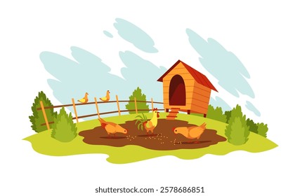 Chicken farm landscape. Agriculture field, rural nature scene. Ruralfield panorama raising chickens