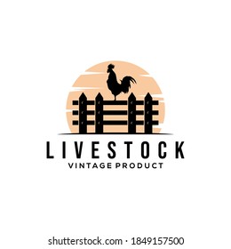 Chicken Farm Livestock Logo Vector Illustration Design, Rooster On Fence Vintage Logo Design