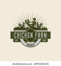 chicken farm logo badge emblem label vector template illustration design vintage style chicken mascot silhouette