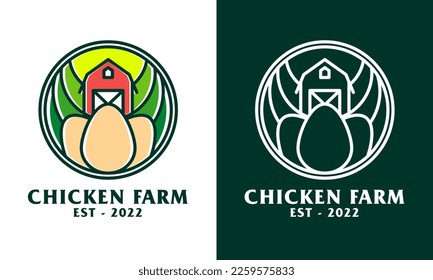 Logo de la granja de pollo, que combina la forma del huevo y la escena de la granja. Este logotipo, hecho al estilo de la monolina, es perfecto para logotipos de granjas de pollo, plantaciones y otros.