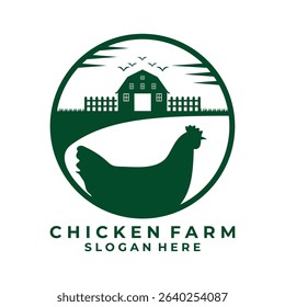 Chicken Farm logo design. Simple circle Farm vintage logo with Chicken Roster and farm land