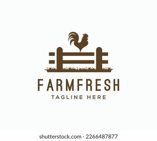 chicken farm logo design vector illustration. Rooster on fence vintage logo design template