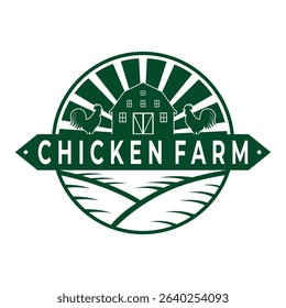 Chicken Farm logo design vector. Circle Farm logo with Rooster and farm house logo design
