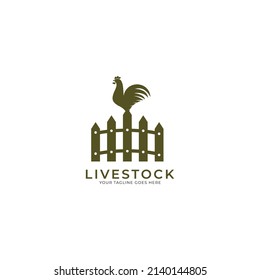 chicken farm logo vector illustration design, rooster on fence vintage logo design