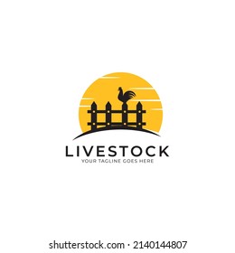 chicken farm logo vector illustration design, rooster on fence vintage logo design