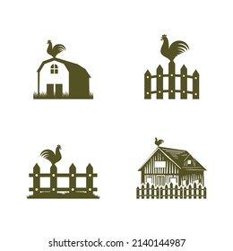 chicken farm logo vector illustration design, rooster on fence vintage logo design