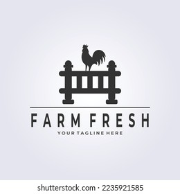 chicken farm logo vector illustration design, rooster on fence vintage logo design