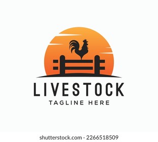 Chicken farm logo vector illustration design. Rooster on fence vintage logo design. Livestock logo