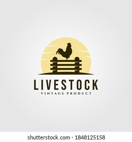 Chicken Farm On Fence Logo Vector Illustration Design, Livestock Vintage Logo Design