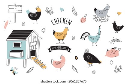 chicken farm organic eggs and meat icon set