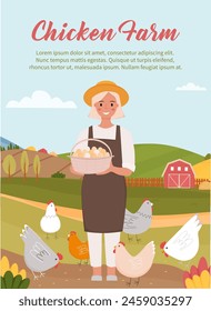 Chicken farm poster. Farmer holds a basket with eggs in her hands on the countryside background. There are some hens near the farmer. Vector illustration.