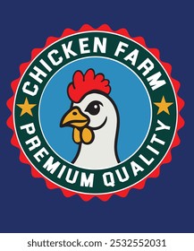 Logotipo de qualidade Premium Chicken Farm com um frango estilo cartoon, perfeito para marca, embalagem ou empresas relacionadas à fazenda. Design vibrante em vermelho, azul e verde para uma aparência profissional.