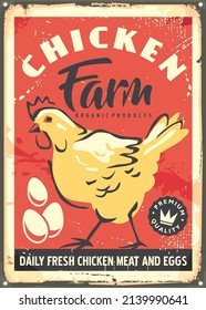 Chicken farm retro sign template with yellow chicken and eggs on old red background. Vintage vector billboard layout.