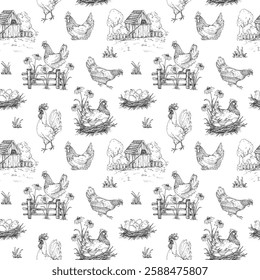 Chicken farm seamless vector pattern hand drawn ink. Chicken coop, hens, rooster, chicks, eggs, fence, flowers and herbs. For organic, fresh food label design