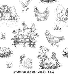 Chicken farm seamless vector pattern hand drawn ink. Chicken coop, hens, rooster, chicks, eggs, fence, flowers and herbs. For organic, fresh food label design