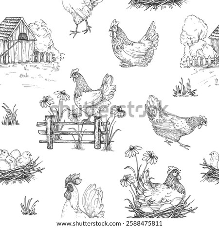 Chicken farm seamless vector pattern hand drawn ink. Chicken coop, hens, rooster, chicks, eggs, fence, flowers and herbs. For organic, fresh food label design