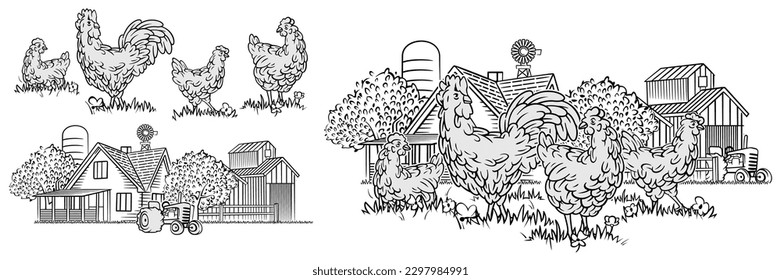 Chicken farm sketch. Organic poultry. Roosters and hens. Engraved line art. Village barn and house. Domestic birds. Hand drawn elements set. Vector vintage egg package label design