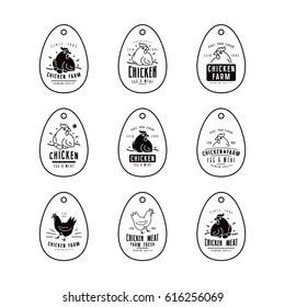 Chicken farm tag in the form of eggs. Black print on white background