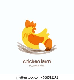 Chicken farm vector logo, label, emblem design template. Hen with eggs in the nest. Concept for farming and organic food industry, agriculture, poultry business, packages.