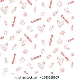 Chicken farm vector seamless pattern print red icons texture.