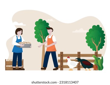 Chicken farm Vectors Illustrations, people take chicken eggs illustration, flat cartoon style