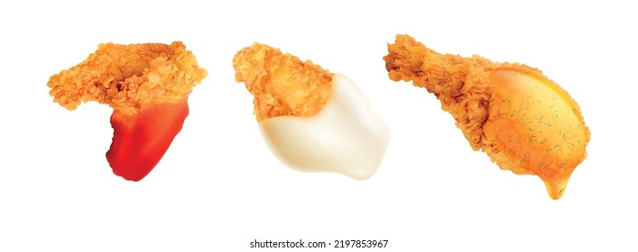 Chicken fast food ketchup sauces realistic set of three isolated images with sauce covering chicken wings vector illustration
