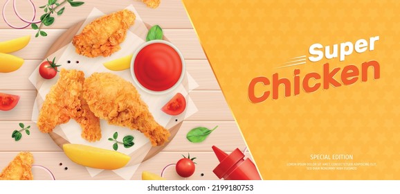 Chicken fast food realistic background with editable text and set of ingredients sauces served on table vector illustration