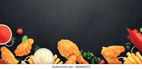 Chicken fast food realistic background composition with empty chalkboard and top view of meals with sauces vector illustration