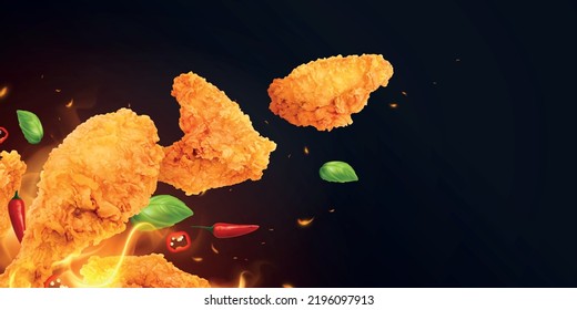 Chicken fast food realistic composition with black background flames of fire pepper leaves and chicken wings vector illustration