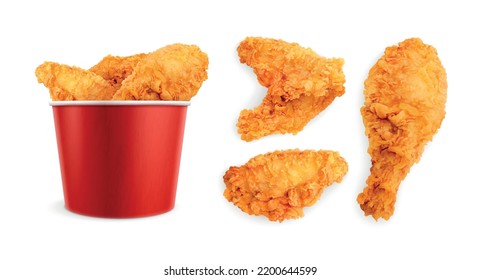 Chicken fast food realistic set of isolated images with fried chicken wings packed into paper bucket vector illustration