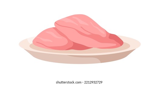 Filete de pollo, pechos crudos frescos sobre el plato. Filete de aves de corral. Carne de granja saludable. Ingrediente alimenticio no cocinado. Ilustración vectorial de caricatura plana aislada en fondo blanco