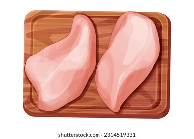 Chicken fillet meat part breast top view on wooden board in cartoon style isolated on white background. Boneless raw ingredient