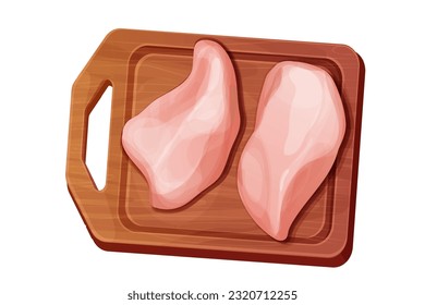 Chicken fillet meat part breast top view on wooden board in cartoon style isolated on white background. Boneless raw ingredient