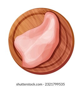 Chicken fillet meat part breast top view on wooden board in cartoon style isolated on white background. Boneless raw ingredient