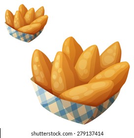 Chicken fingers in the paper basket. Detailed vector icon isolated on white background. Series of food and drink and ingredients for cooking.