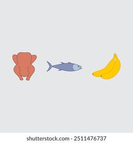 Frango, peixe, banana ilustração cartoon 
