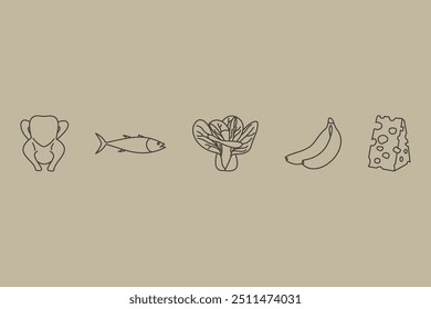 Chicken, fish, mustard greens, banana, cheese illustration 