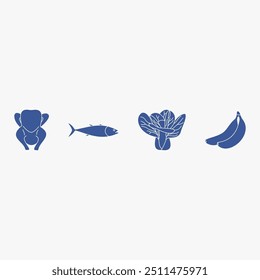 Chicken, fish, mustard greens, banana illustration 