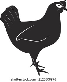 Chicken. Flat black silhouette. Pets. Vector image isolated on a white background.