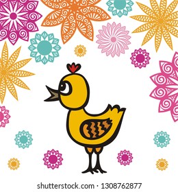 Chicken and floral background. Vector illustration