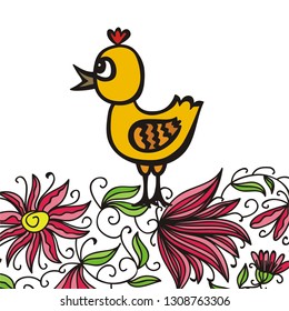 Chicken and floral background. Vector illustration
