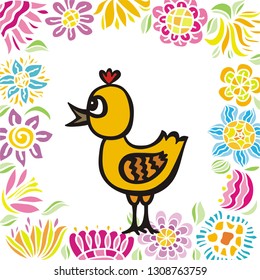 Chicken and floral background. Vector illustration